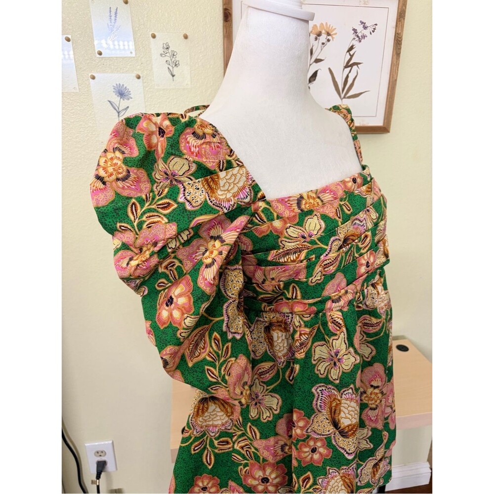MISA Los Angeles Floral Puff Sleeve Open Back Bow Mini Dress Green Pink Size L - Picture 7 of 12
